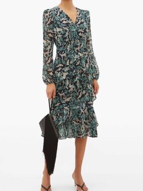 Saloni Ayla Osilk V-Neck Long Sleeve Floral Ruffle Midi Dress - Teal/Black